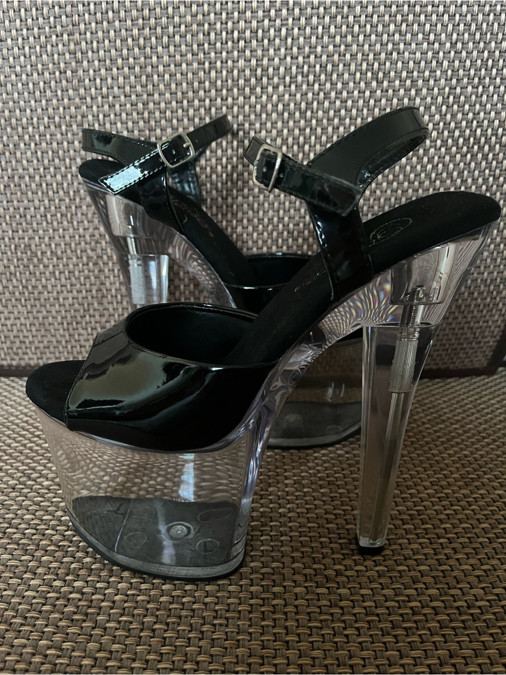 Pleaser Black 7” Platform Clear-Block Heel Sandals.